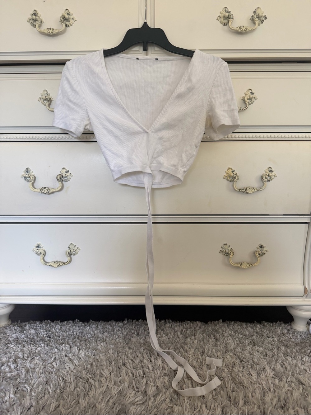Zara White V-Neck Fitted Tie-Detail Cropped T-Shirt